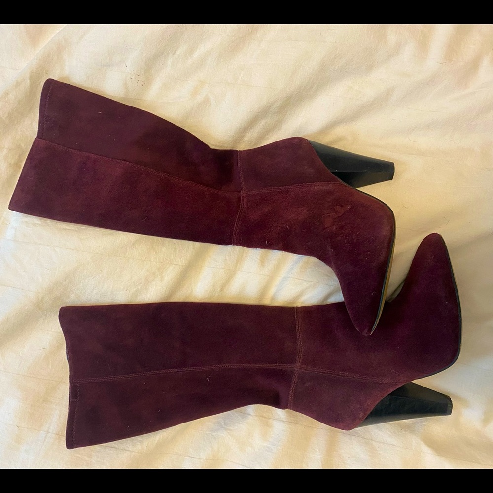 Burgundy suede heeled boots , hug the calf beautifully. Never worn out. - Picture 1 of 2